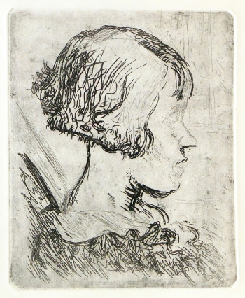 Хигер Ефим Яковлевич. Женский портрет. Бумага, офорт. 10,5х8,4. 1940-е. Вологодская областная картинная галерея.