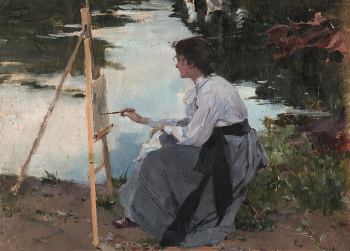 Симов Виктор Андреевич. На этюде. Холст, масло. 26,5х38. 1890-е. Музей Московского Художественного академического театра.