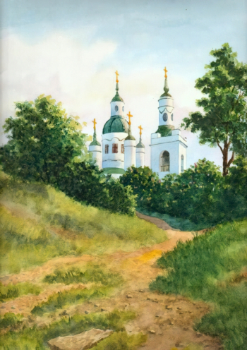 Косвинцев Олег Владимирович. Дорога к храму, Кингисепп. Картон, акварель. 34х46. 2000-2003. Кингисеппский историко-краеведческий музей.