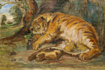 Романович Сергей Михайлович. Тигрица с детёнышами. Холст, масло. 37х54. 1930-е. Музей `Царскосельская коллекция`.