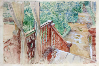 Кардовский Дмитрий Николаевич. Терраса дома Кардовских. Бумага, акварель, белила, карандаш. 34х48. 1916. Переславль-Залесский государственный историко-архитектурный и художественный музей-заповедник.