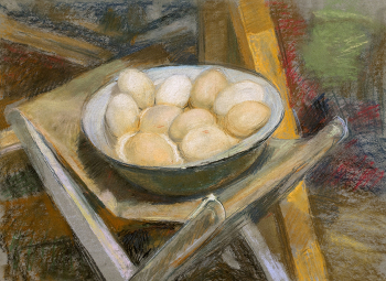 Рудаков Михаил Захарьевич. Натюрморт с куриными яйцами. Бумага, пастель. 37х50,2. 1950-е - 1970-е. Калужский музей изобразительных искусств.