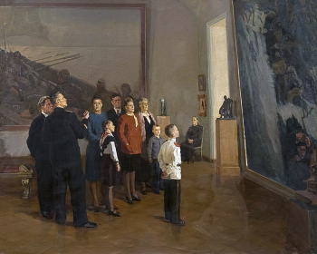 Шестакова Вера Николаевна. В Русском музее. Холст, масло. 190,5х234. 1949. Научно-исследовательский музей при Российской академии художеств.