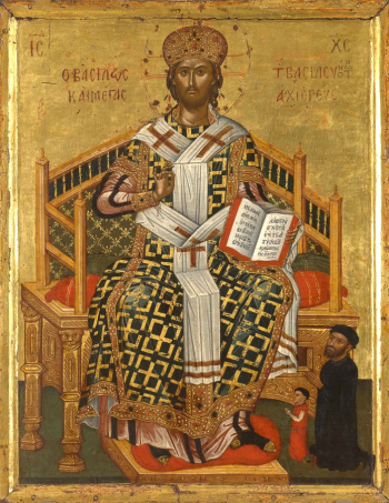 Неизвестный иконописец. Христос Великий Первосвященник. Внизу справа изображена пара ктиторов. Икона. 44х56. 16 век. Греческий институт Венеции.