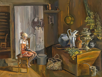 Рахлеева Мария Афанасьевна. Дочь лесника. Картон, темпера. 58х68. 1987. Государственный музейно-выставочный центр РОСИЗО.