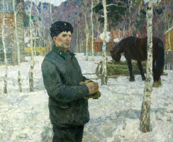 Рябинский Евгений Владиславович. Портрет лесника С.И.Савенко. Холст, масло. 90х110. 1977. Тамбовская областная картинная галерея.