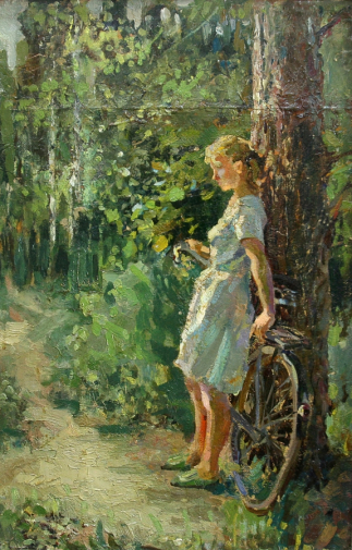 Туголуков Пётр Афанасьевич. Девочка с велосипедом. ДВП, масло. 61,1х40,5. 20 век. Национальный музей Республики Марий Эл имени Тимофея Евсеева.