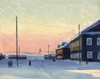 Токмаков Олег Иванович. Вечер в Нарьян-Маре. Картон, масло. 24,8х34. 1962. Музейное объединение Ненецкого автономного округа.