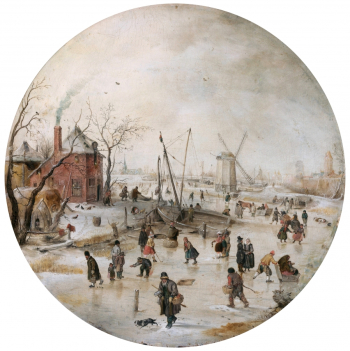 Хендрик Аверкамп. Замёрзшая река с фигуристами. Доска, масло. 30х30. 1620-е. Музей изобразительных искусств (Будапешт).