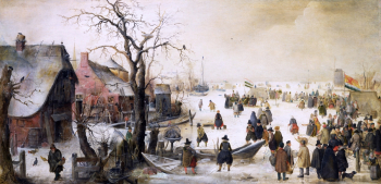 Хендрик Аверкамп. Зимняя сцена на канале. Доска, масло. 49,9х95,6. 1615. Музей искусств Толидо.