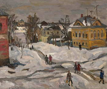 Суровцев Андрей Петрович. Жёлтый дом в Тутаеве. Оргалит, масло. 75х90. 1981. Государственный музейно-выставочный центр РОСИЗО.