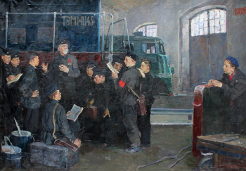 Сидоров Фёдор Лаврентьевич. Будущие железнодорожники (Первый урок знатного машиниста страны Феликса Алексеевича Яблонского). Холст, масло. 120х172. 1960. Городской музей (Ангарск).