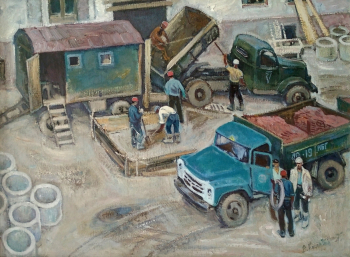 Кочергин Владимир Васильевич. У бетономешалки. Холст, масло. 60х80. 1975. Кабардино-Балкарский музей изобразительных искусств имени А.Л.Ткаченко.