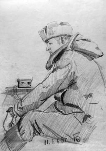 Неизвестный художник. У транзистора. Бумага, карандаш. 28,5х20,2. 1965. Краеведческий музей имени Н.И.Береговой городского округа Спасск-Дальний.