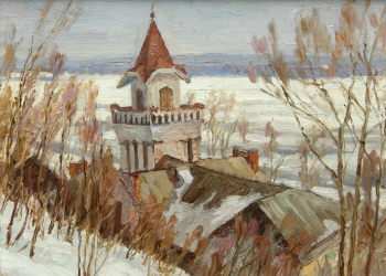 Жигалов Юрий Владимирович. Водонапорная башня. Сарапул. Картон, масло. 25х35. 1984. Сарапульский историко-архитектурный и художественный музей-заповедник.