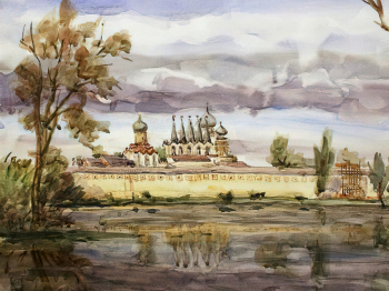 Котляр Евгения Львовна. Тихвин. Панорама Успенского собора. Бумага, акварель. 48х35,5. 1983. Тихвинский историко-мемориальный и архитектурно-художественный музей.