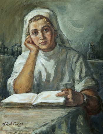 Лобас Борис Фёдорович. Портрет медсестры. Бумага, темпера. 123х107. 1959. Сахалинский областной художественный музей.