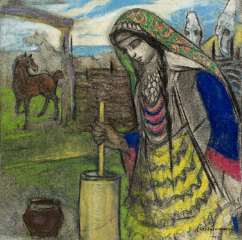 Девлеткильдеев Касим Салиаскарович. За приготовлением кумыса. Бумага, пастель. 21,9х21,5. 20 век. Башкирский государственный художественный музей имени М.В.Нестерова.