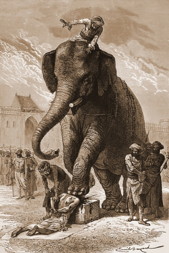 Эмиль Байяр. Казнь преступника слоном. Бумага, ксилография. 1878. Еженедельник `Le Tour du monde`.