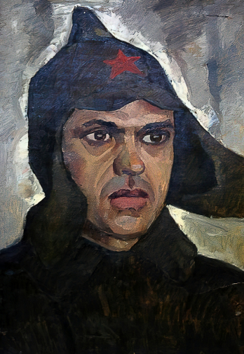 Коршунов Валентин Сергеевич. В будёновке. Картон, масло. 63х42,5. 1970-е. Курганский областной художественный музей имени Г.А.Травникова.