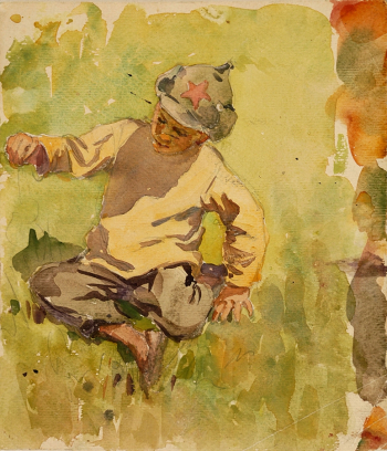 Фомичёв Николай Дмитриевич. Мальчик в будёновке. Бумага, акварель. 25,8х21,3. 1947. Новосибирский государственный художественный музей.