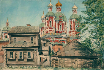 Саитов В.И. Голиковский переулок. Церковь Климента Папы Римского. Дом жены дьячка Лебедева. Бумага, акварель. 27х39,5. 1919. Музейное объединение `Музей Москвы`.