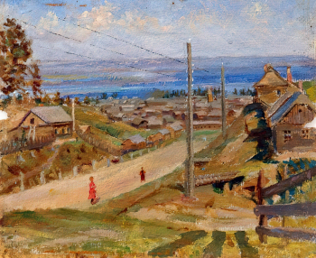 Скалозубова Ариадна Васильевна. Улица в Ханты-Мансийске. Картон, масло. 24х29,1. 20 век. Музей Природы и Человека.