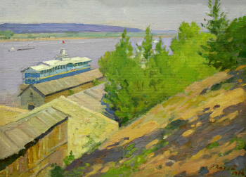 Вахитов Рифкат Мухаметович. Набережные Челны. Пристань. Картон, масло. 55х76. 1974. Государственный музей изобразительных искусств Республики Татарстан.