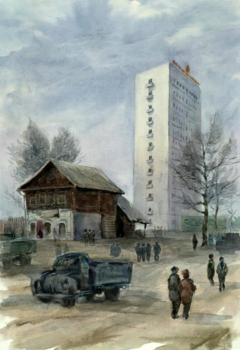 Игнатьев Виктор Петрович. Старые и новые Набережные Челны. Бумага, акварель. 60,5х41,5. 1971. Национальный музей Республики Татарстан.
