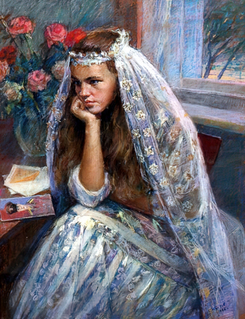 Кустов Борис Петрович. Запоздалое письмо. Бумага, пастель. 80х60. 1986. Кинешемский художественно-исторический музей.