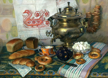 Кустов Борис Петрович. Натюрморт с хлебом и сахаром. Бумага, пастель. 60х80. 1989. Кинешемский художественно-исторический музей.