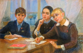 Кустов Борис Петрович. Перед экзаменом. Бумага, пастель. 44х69,5. 1982. Кинешемский художественно-исторический музей.