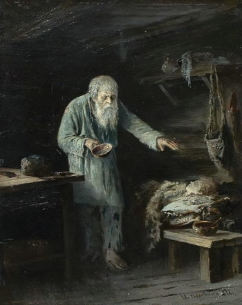 Пелевин Иван Андреевич. Слепой старик у больной. Картон, масло. 35х27. 1878. Иркутский областной художественный музей имени В.П.Сукачева.