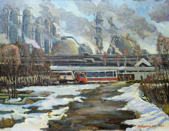 Нуртдинов Ирек Харисович. Нижнекамск индустриальный. Оргалит, масло. 53х74. 1984. Комплексный музей города Нижнекамска.