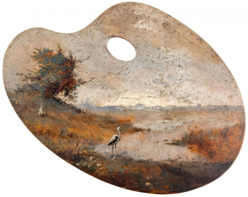 Юзеф Балзукевич. Пейзаж с аистом. Палитра, масло. 25,5х35,5. 1894. Частное собрание.