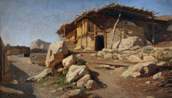 Орловский Владимир Донатович. Пейзаж с саклей. Картон, масло. 37х60. 20 век. Музей Чеченской Республики.