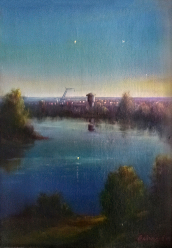 Островянский Владимир Алексеевич. Вечер в Темрюке (Река Кубань). Картон, масло. 49,3х34. 1981. Гусевский историко-краеведческий музей имени А.М.Иванова.