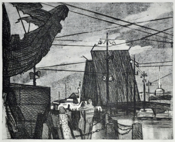 Тризна Юрий Стефанович. Когда разводятся мосты. Бумага, офорт. 45х56,5. 1985. Мурманский областной художественный музей.
