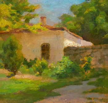 Гауш Александр Фёдорович. Пейзаж с домом. Картон, масло. 18,5х19,5. Конец 19 или начало 20 века. Симферопольский художественный музей.
