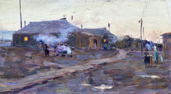 Белых Алексей Павлович. Вечер в посёлке Ангарск. Картон, масло. 19х35. До 1951 года. Иркутский областной художественный музей имени В.П.Сукачева.