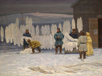 Кочев Александр Венедиктович. Приём пушнины. Холст, масло. 108х140. 1974. Национальная галерея Республики Коми.