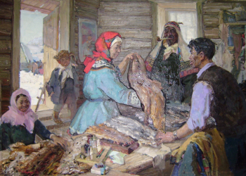 Бельды Андрей Иченгаевич. Сдача пушнины. Холст, масло. 141х197. 1960. Краеведческий музей нанайского муниципального района.