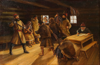 Неизвестный художник. Аманаты (Сдача пушнины). Холст, масло. 45х68. 20 век. Музей Природы и Человека.