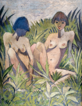 Отто Мюллер. Две обнажённые в траве. Мешковина, темпера. 141х110. 1926. Музей воображения (Бернрид-ам-Штарнбергер-Зее).