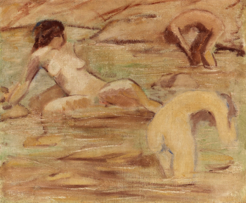 Отто Мюллер. Три купающиеся девушки. Мешковина, темпера. 71х85. 1911. Частное собрание.