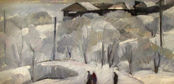Домнин Владимир Михайлович. Зима в Белорецке. Картон, масло. 20,5х44. Конец 20 или начало 21 века. Белорецкая картинная галерея.