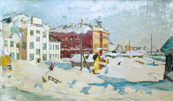 Свиридов Николай Александрович. Дудинка. Апрельский вечер. Картон, масло. 50х80. 1971. Таймырский краеведческий музей.