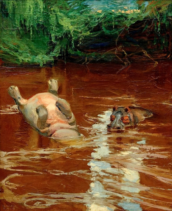 Аксели Галлен-Каллела. Бегемоты в реке Тана. Холст, масло. 100х83. 1909-1910. Частное собрание.