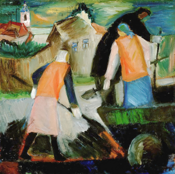 Рыжова Татьяна Ивановна. Ремонтники. Холст, масло. 50х50. 1982. Московский музей современного искусства.