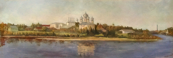 Алексеев Евгений Григорьевич. Тихвинский Богородицкий монастырь. Картон, масло. 122,5х48. 1970-е. Тихвинский историко-мемориальный и архитектурно-художественный музей.
